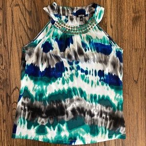 Chic Tank Blouse in Blue and Green Pattern